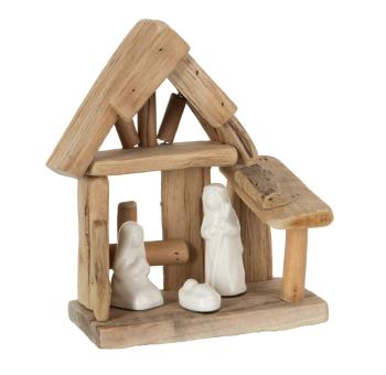 Přírodní dřevěný Betlém s porcelánovými postavičkami Nativity wood - 16*10*19 cm 19467