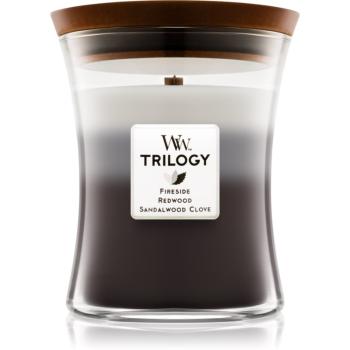 Woodwick Trilogy Warm Woods vonná svíčka s dřevěným knotem 275 g