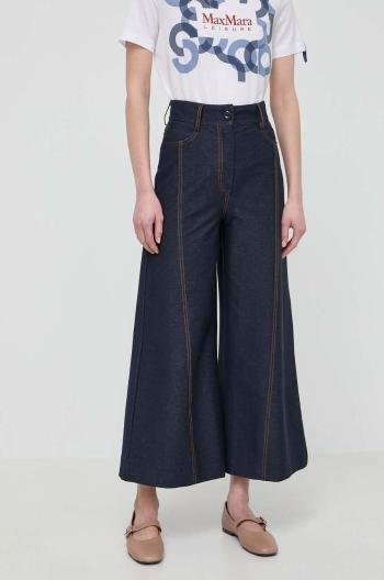 Kalhoty Max Mara Leisure dámské, tmavomodrá barva, široké, high waist, 2416781018600