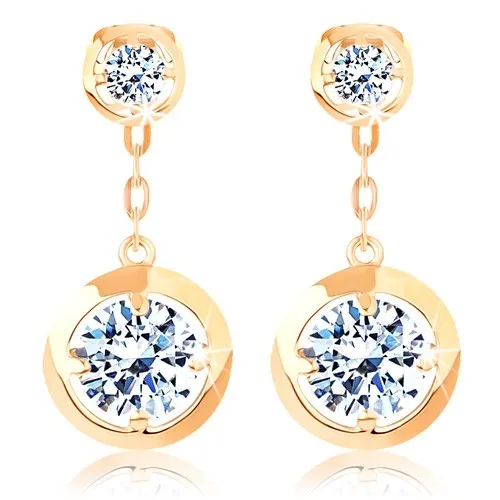 Náušnice ze žlutého 14K zlata - kulaté čiré zirkony s lesklým okrajem, řetízek