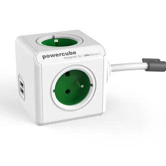 Síťový kabel 230V prodlužovací, CEE7 (vidlice) - POWERCUBE, 1.5m, EXTENDED USB, zelený, POWERCUBE, 4 zásuvky, 2xUSB port,dětská po