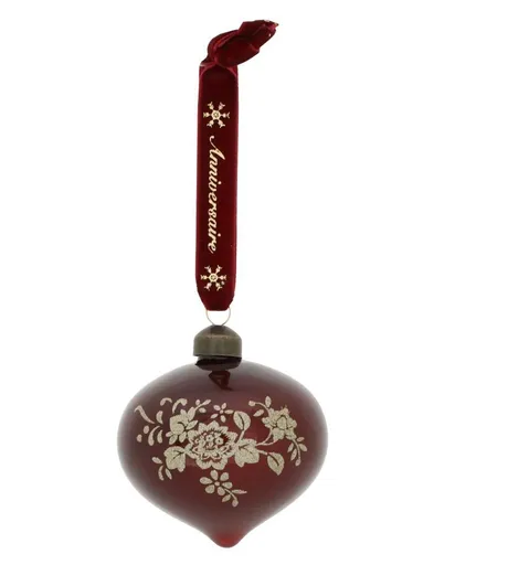 Červenozlatá skleněná vánoční baňka se sametovou stuhou Chic - 8 cm Chic Antique