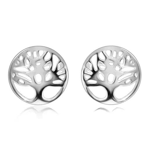 Stříbrné 925 náušnice - strom života v kroužku s výřezem, lesklý povrch