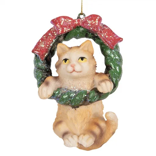 Závěsná dekorace kočička na zeleném věnečku - 6*5*9 cm Clayre & Eef