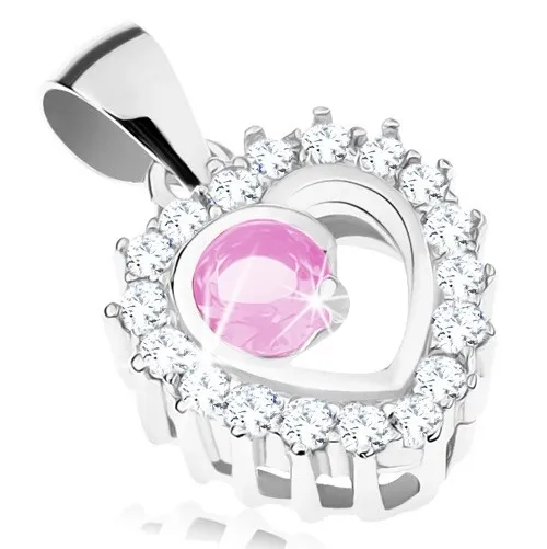 Přívěsek ze stříbra 925, čirá kontura srdíčka, kulatý růžový zirkon