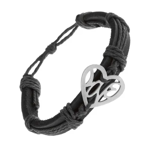 Černý náramek ze syntetické kůže a šňůrek, vyřezávané srdce