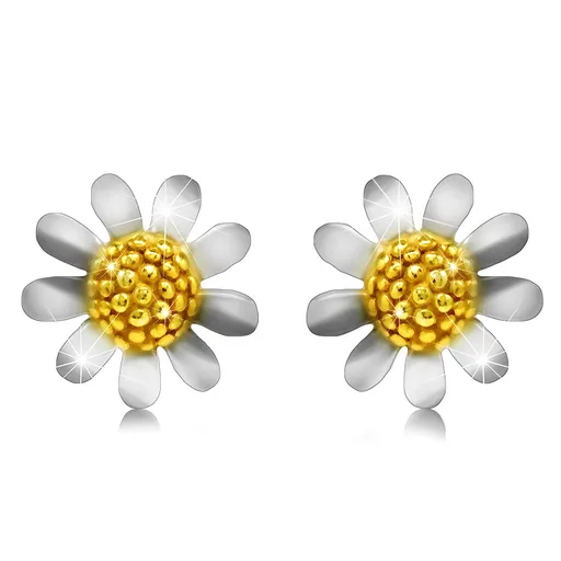 Stříbrné 925 náušnice - květ kopretiny, puzetové zapínání