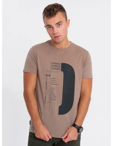 Pánské bavlněné tričko s potiskem V2 OM-TSPT-0166 světle hnědé