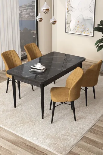Dining Table & Chairs Set (5 Pieces) Arp - Black Marble, Cappuccino