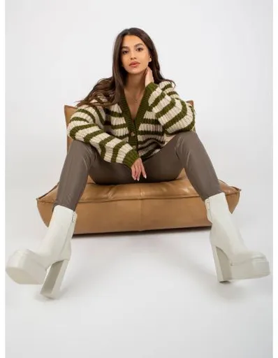 Dámský svetr s výstřihem do V MYRANDA khaki a béžový