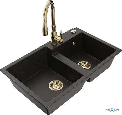 MEXEN/S Tomas granitový dřez 2-bowl včetně baterie Savita, černá/zlatá metalik 6516-75-672601-50