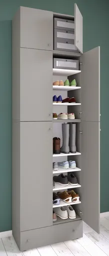 VCM Botník Lona XXL s 9 přihrádkami, otočné dveře s nástavcem a zásuvkou, šedý