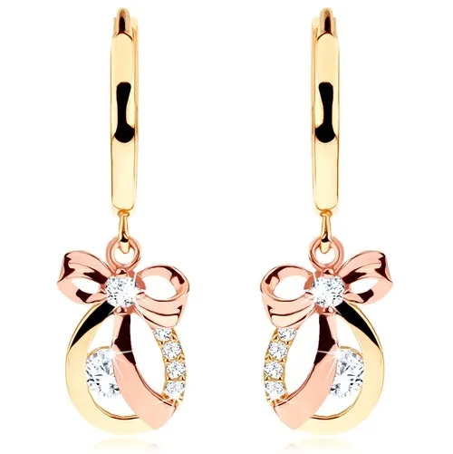 Náušnice ze 14K zlata - lesklý kroužek, kontura kapky s mašlí a zirkony