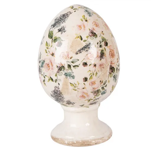 Béžové keramické vajíčko na podstavci s růžemi Rosina L - Ø 15*24 cm Clayre & Eef