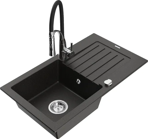 MEXEN/S Pablo granitový dřez 1 s odkapávačem včetně baterie Aster, černá/zlatá metalik 6510-75-73450-07