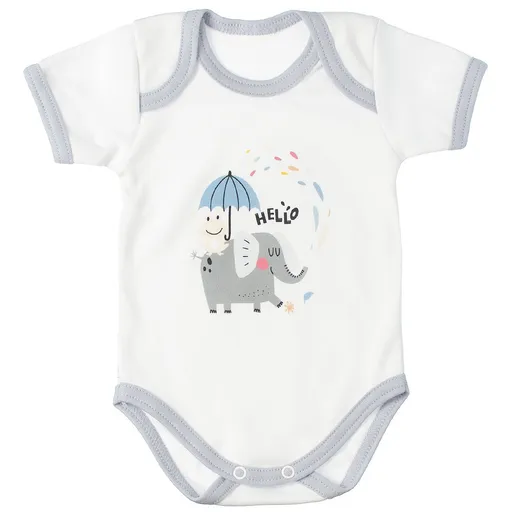 MBaby Bavlněné body s krátkým rukávem, Slůně Hello, bílo/šedé, vel. 86
