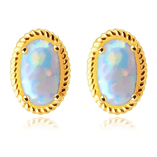 Náušnice ve 14K žlutém zlatě - syntetický opál uchycený tyčinkami, vroubkovaný lem