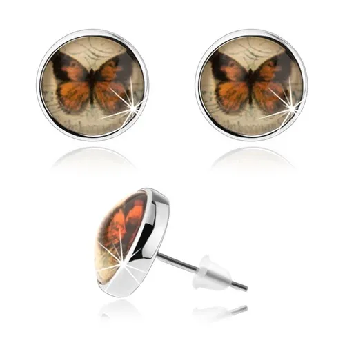 Cabochon náušnice, stříbrná barva, vypouklá glazura, motýl, puzetky
