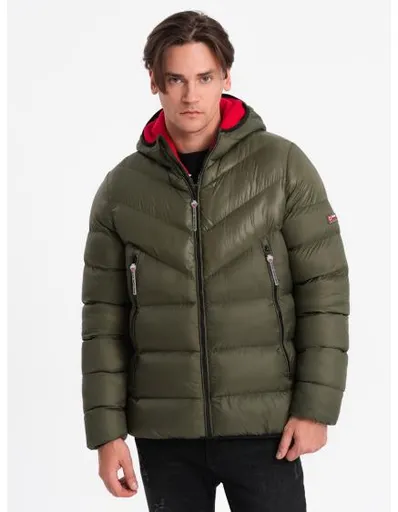 Pánská prošívaná zimní bunda V3 OM-JAHP-0145 tmavě olivově zelená