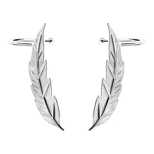 Stříbrné 925 náušnice crawler - úzký lesklý gravírovaný list, puzetky a háčky