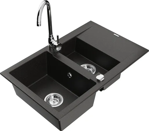 MEXEN/S Gaspar granitový dřez 1.5 s odkapávačem včetně baterie Telma, černá/zlatá 6507-75-670200-00