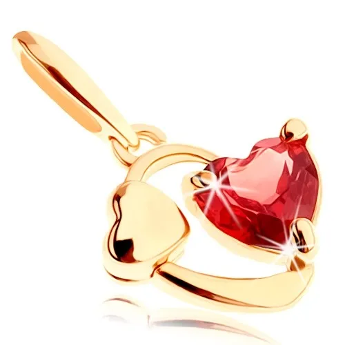 Přívěsek ve žlutém 14K zlatě - obrys oválu se srdíčkem a červeným granátem