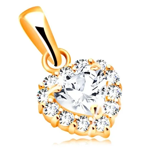 Přívěsek ze žlutého 14K zlata - čirý srdíčkový zirkon lemovaný kulatými zirkonky