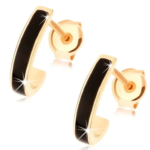 Zlaté náušnice 14K s asymetrickým oboukom a černou glazurou