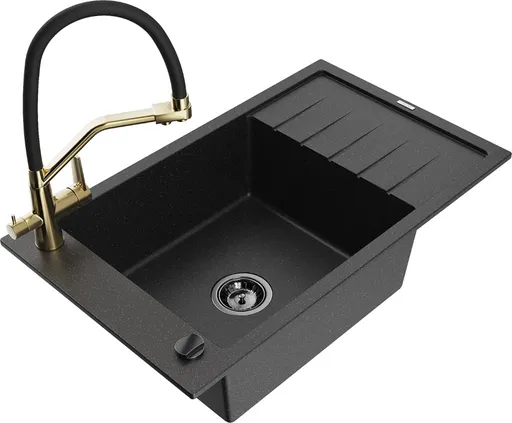 MEXEN/S Elias granitový dřez s odkapávačem včetně baterie Duo, černá/stříbrná metalik 6511-73-671701-57-B