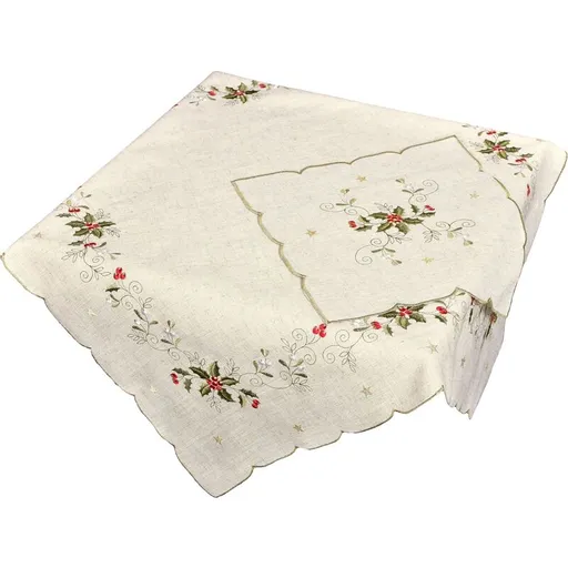 Ubrus Vánoční, Vánoční cesmína na režném, béžový 85 x 85 cm