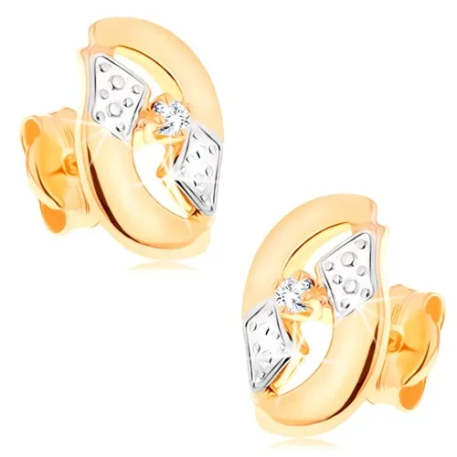 Dvoubarevné zlaté náušnice 585 - širší zvlněné zrnko s výřezem a čirým zirkonem