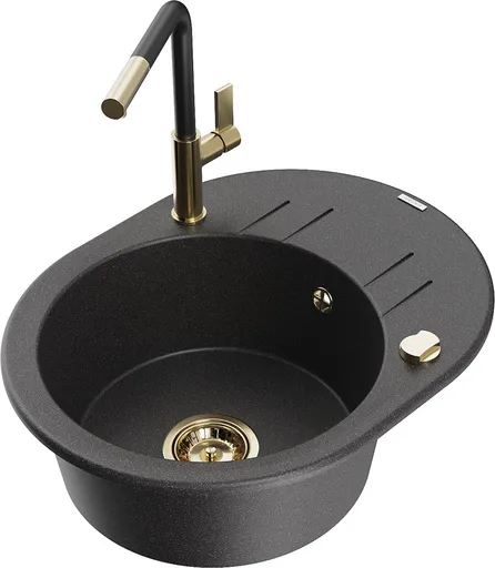 MEXEN/S Kevin granitový dřez 1-miska s odkapávačem včetně baterie Flora, černá kropenatá 6517-76-670401-57-G