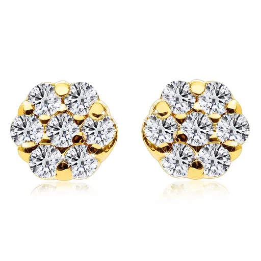 Diamantové náušnice ze 14K žlutého zlata - malý květ, kulaté čiré diamanty, puzetky