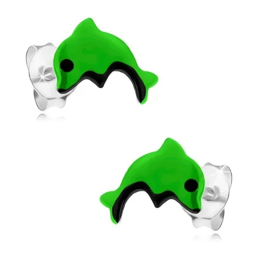 Náušnice ze stříbra 925, skákající neonově zelený delfín, černé očko a bříško