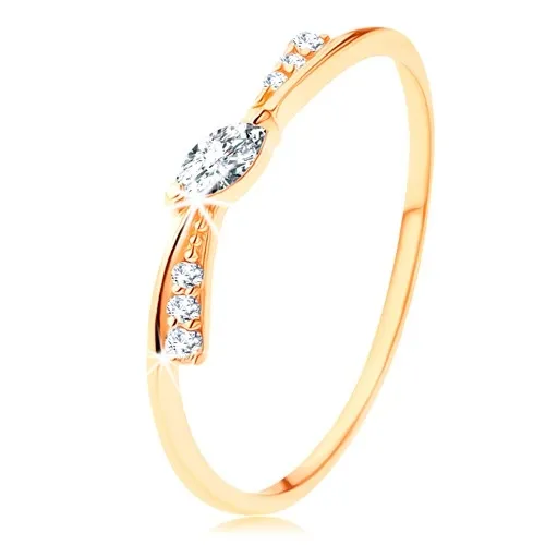 Prsten ve žlutém 14K zlatě - úzká mašlička zdobená čirými zirkony - Velikost: 49