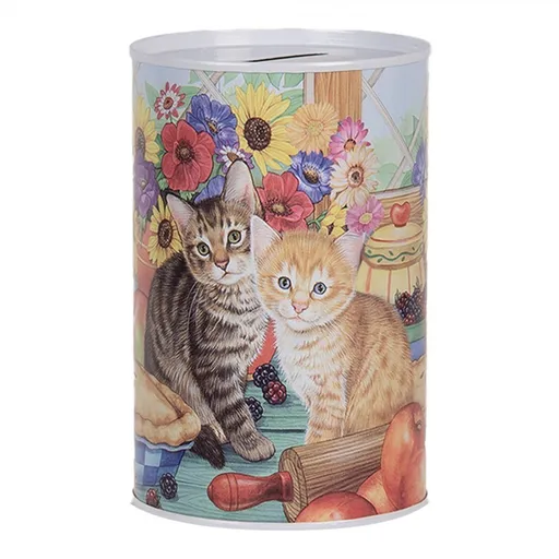 Barevná plechová dóza kasička s kočkami - Ø 8*13 cm Clayre & Eef