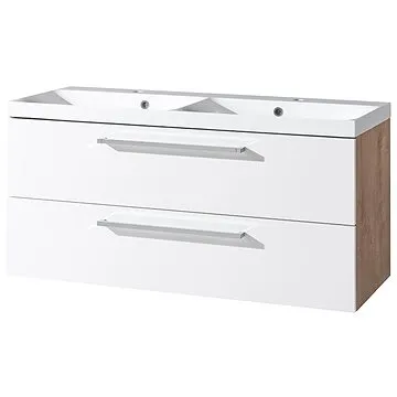 Bino koupelnová skříňka, dvoumyvadlo litý mramor, 120 cm, bílá/dub, 2 zásuvky (CN673M)