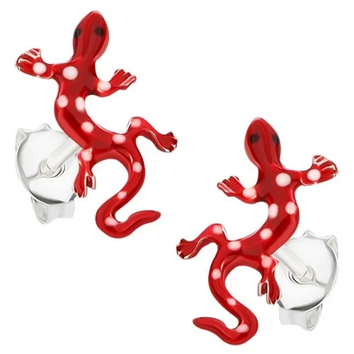 Puzetové náušnice, stříbro 925, puntíkovaná červenobílá ještěrka