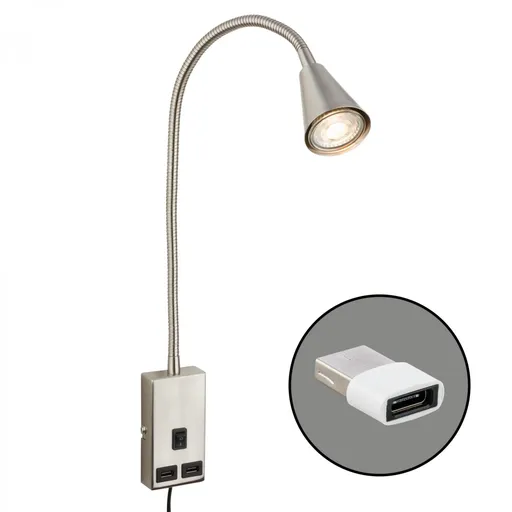BRILONER Justra lampa na čtení, nastavitelná, 2x USB porty, matný nikl 2175012