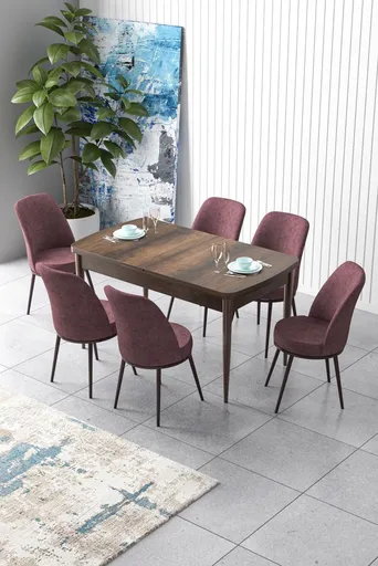 Extendable Dining Table & Chairs Set (7 Pieces) Zen - Baroque, Dusty Rose