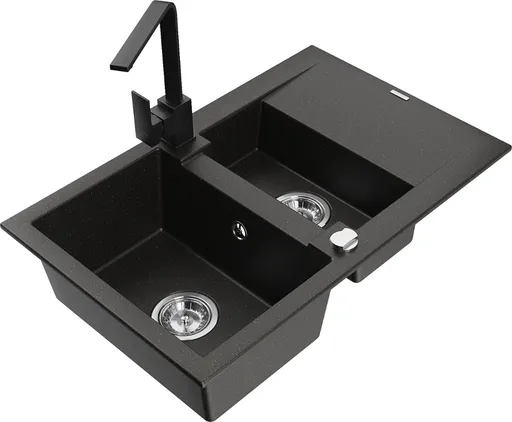 MEXEN/S Gaspar granitový dřez 1.5 s odkapávačem včetně baterie Rita, černý/zlatý  6507-75-670300-70