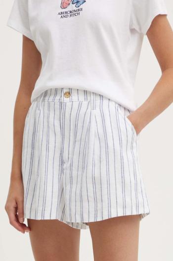 Lněné kraťasy Hollister Co. bílá barva, vzorované, high waist