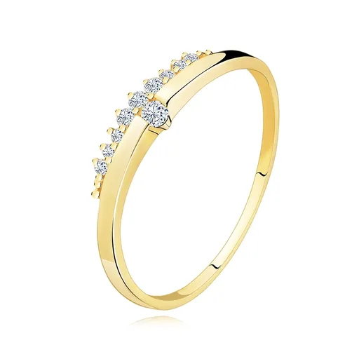 Prsten ze žlutého 14K zlata - hladká vlnka s čirým zirkonem, zirkonový pás - Velikost: 52