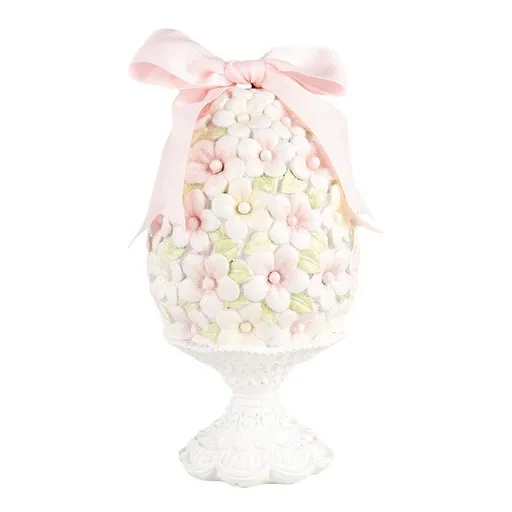 Bílo-růžová dekorace vajíčko z květů na podstavci - Ø 10*20 cm Clayre & Eef