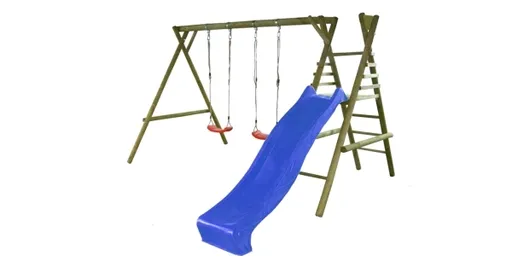 Detská drevená hojdačka Marimex 11 + modrá šmykľavka