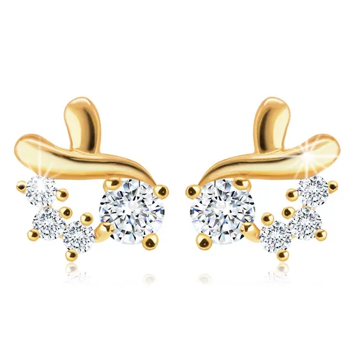 Náušnice ve 14K žlutém zlatě - dva překřížené proužky, zirkony v čirém odstínu