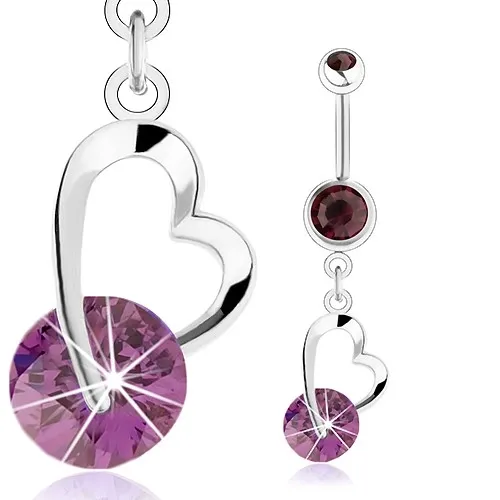 Ocelový piercing do pupíku, fialové zirkony, nesouměrná kontura srdce