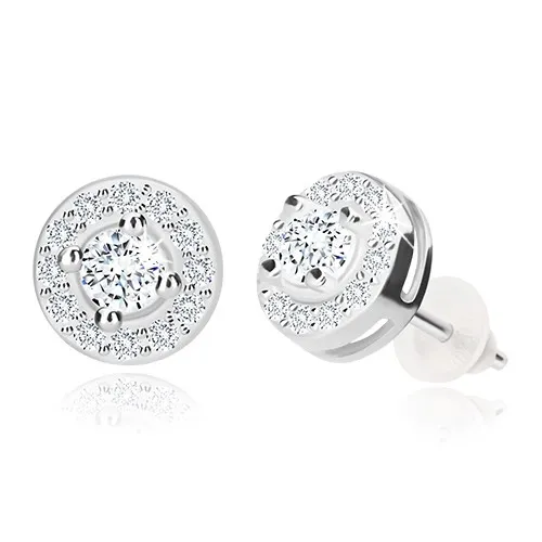 Stříbrné náušnice 925, blýskavý kulatý zirkon s čirou obrubou, puzetky, 7 mm