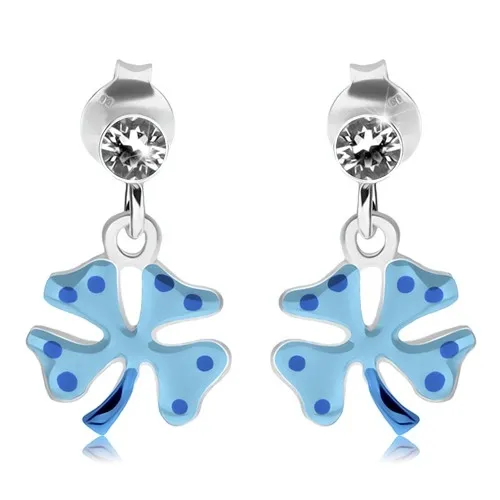 Puzetové náušnice, stříbro 925, světle modrý čtyřlístek pro štěstí, zirkonek