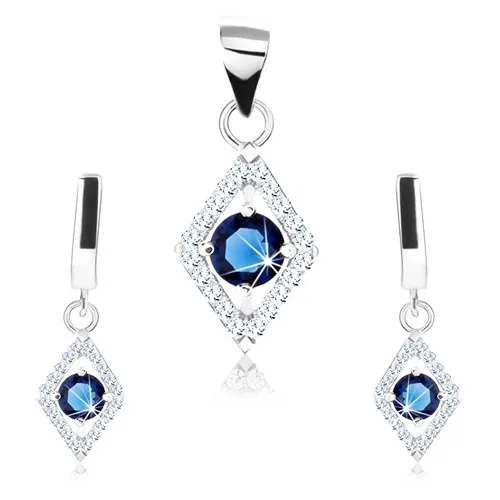 Stříbrná 925 sada přívěsku a náušnic, obrys kosočtverce, modrý zirkon